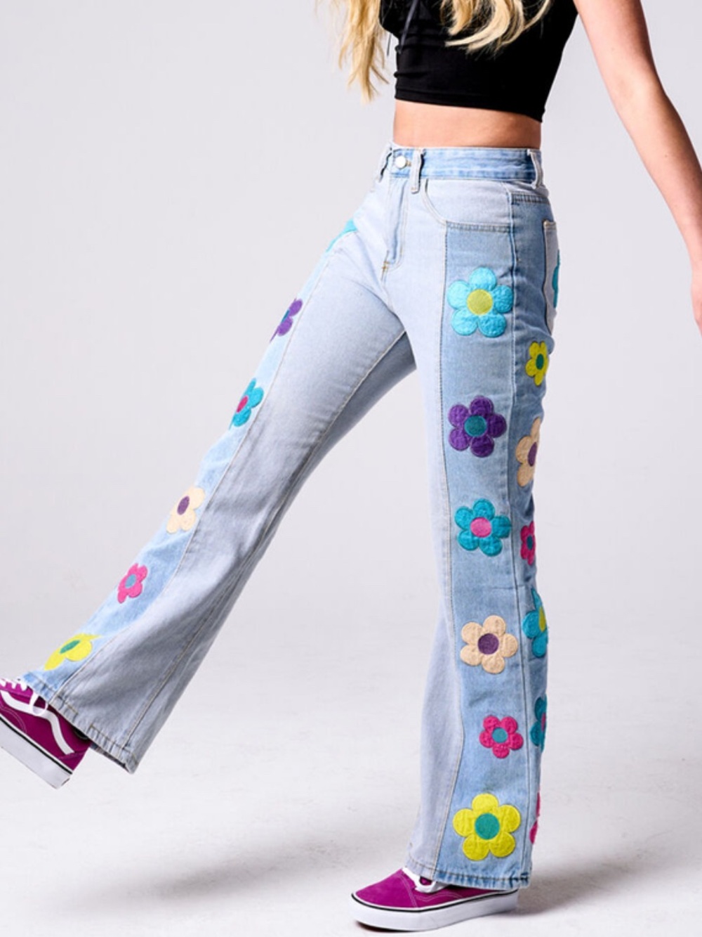 Hippy 70s Flower Power Patchwork Denim Jeans Sz Sm 0-2